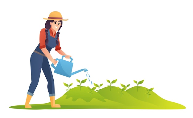 woman farmer watering plants illustration