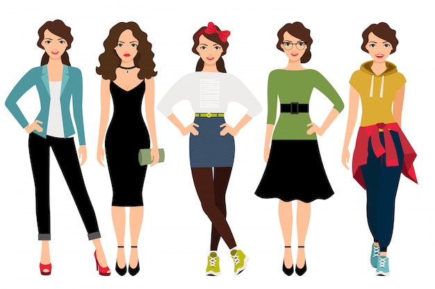 Woman fashion styles vector illustration. Female model in casual, teenage and business clothes isolated