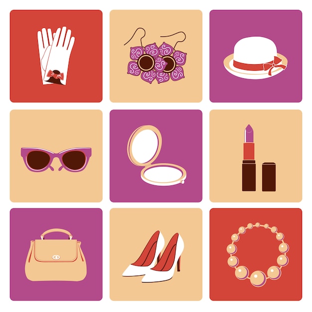 Woman fashion stylish casual shopping accessory collection flat icons set isolated 