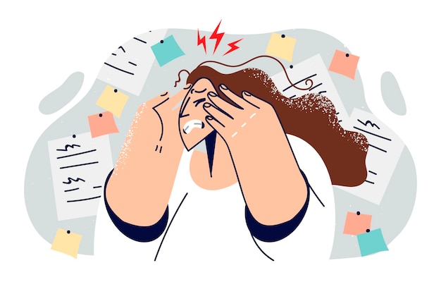 Woman feels headache and migraine standing near board with stickers of tasks to be completed Businesswoman is having headache due to inability to multitask and needs to improve skills