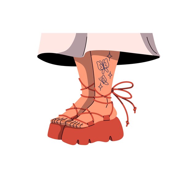 Vector woman feet in sandals with leather laces female legs with tattoo in stylish summer platform shoes fashion chunky sole boots footwear pair flat isolated vector illustration on white background