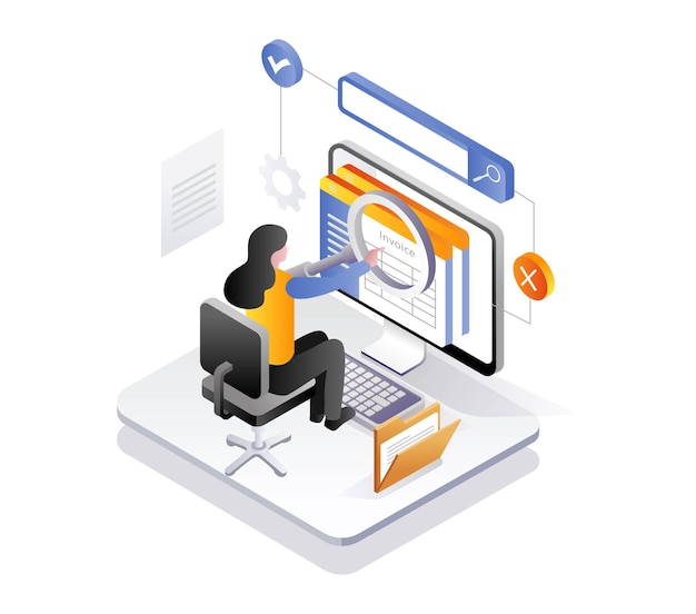 Woman filtering invoices in isometric illustration