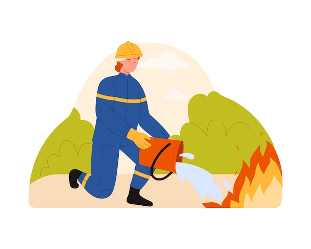 Vector woman in firefighters uniform and helmet extinguishing fire with water from bucket