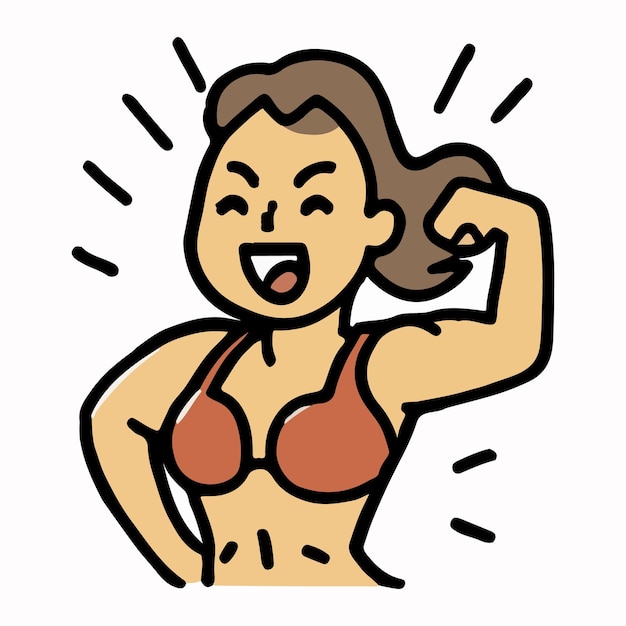 A woman flexes her muscles in a cartoon style.