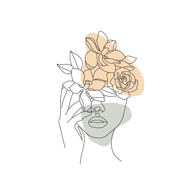 Woman floral cheek, minimal hand drawn illustration, one line style drawing, elegant line art style