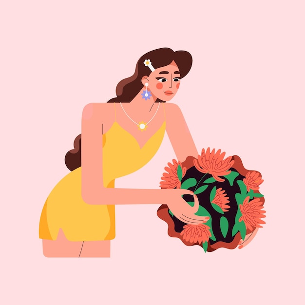 Woman florist arranging flowers and greenery in floral bunch Young girl during DIY bouquet arrangement Posy designing with fresh blooms Flat graphic vector illustration isolated on white background