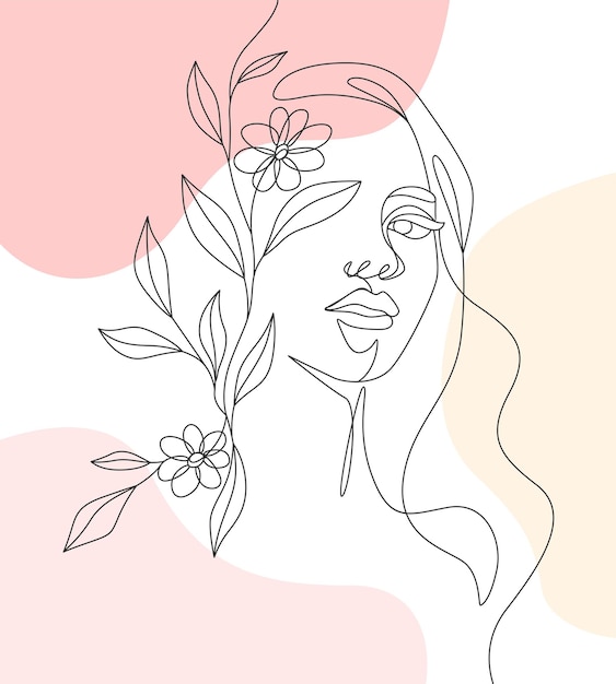 Woman and flowers minimally drawn in line art style