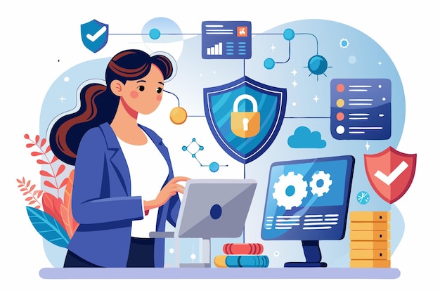 A woman focuses on maintaining her security system while seated at a desk ensuring everything operates smoothly A woman maintaining security system focusing on data protection