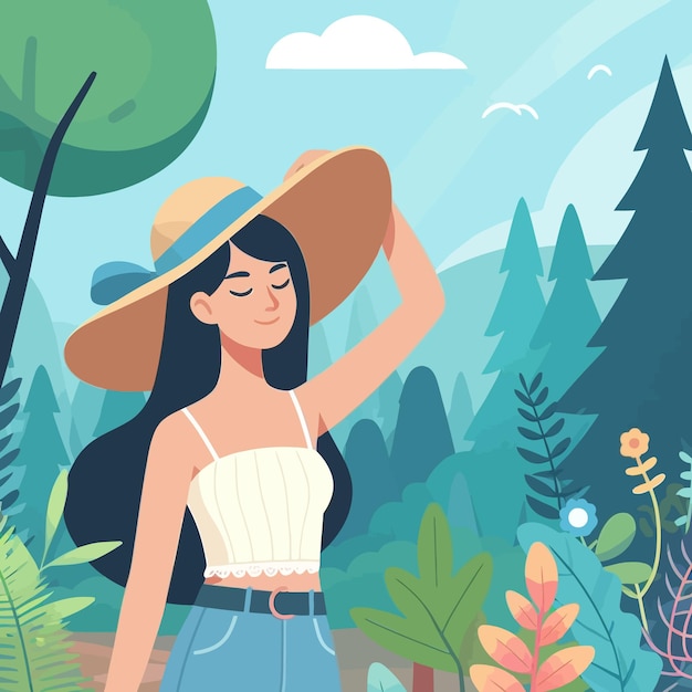 Vector a woman in a forest with a hat on her head and a forest of trees and mountains in the background