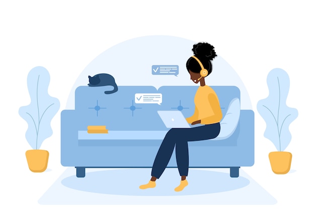 Woman freelance. African girl in headphones with laptop sitting on the sofa. Concept illustration for working, online education, work from home, healthy lifestyle. illustration in flat style.