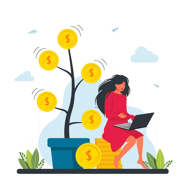 Woman Freelancer Character Working on Laptop Sitting on Pile of Golden Coins near Huge Pot with Money Tree,Dollar Banknotes Hanging on Branches. Concept of earning money freelancer, investment, growth