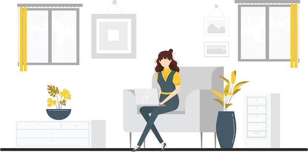 Woman freelancer using laptop working at home Premium vector