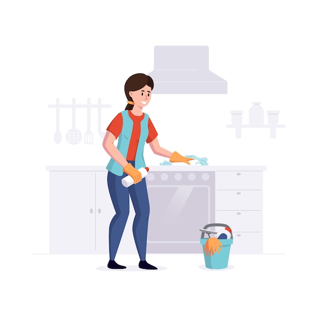 Woman from a cleaning service professional cleans cooking surface in the kitchen. illustration.