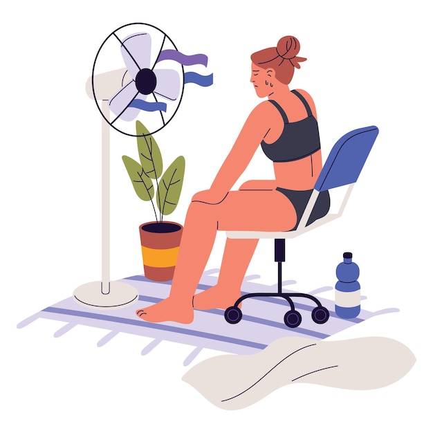 Woman in front of electric fan cooling hot air high temperature at home Sweating girl and blowing breezing device in summer heat Flat graphic vector illustration isolated on white background