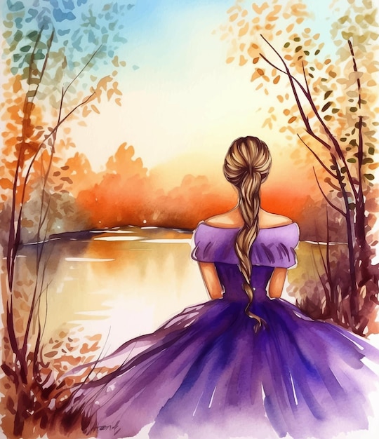 Woman in front of lake watercolor paint