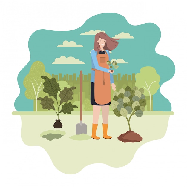 Woman gardener with landscape avatar character