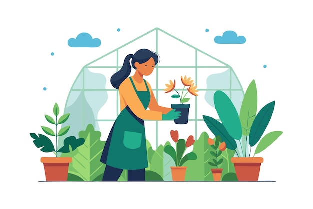 Vector woman gardening in greenhouse with various plants and flowers