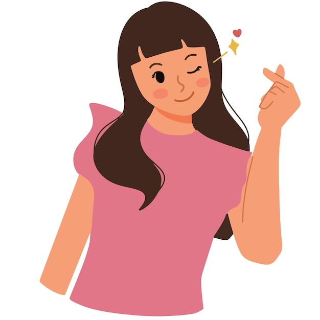 Woman gesturing korean love finger and winking illustration