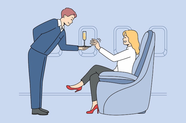 Woman get champagne in business class on plane