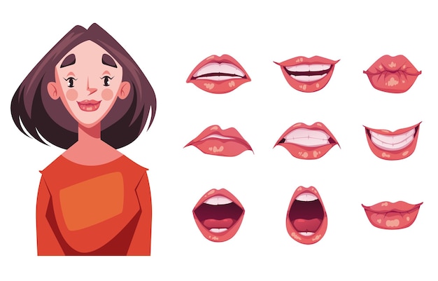 Woman girl character animated with face lips mouth expression isolated set concept