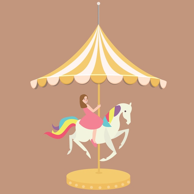 woman girl riding horse carousel cartoon flat carnival illustration