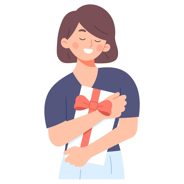 Woman give self reward to her self holding gift smile happy illustration