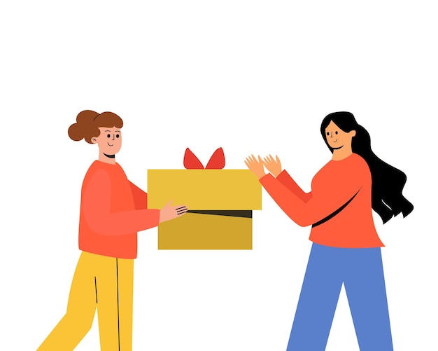 A woman gives a gift to a friend A gift for New Year Christmas Vector illustration