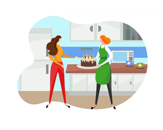 Woman Giving Birthday Cake to Girl on Kitchen.