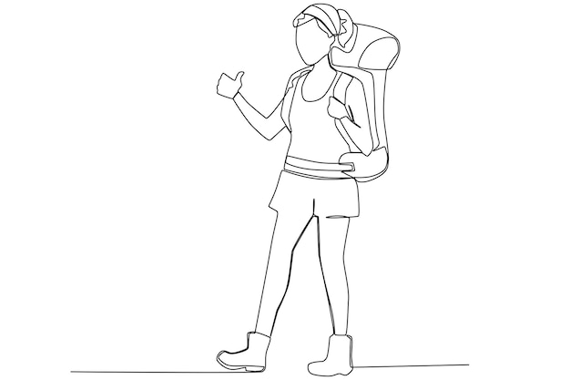 A woman giving a thumb up in hiking to the mountain one line art