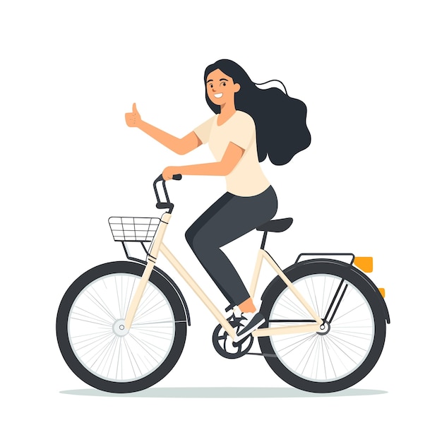 A woman giving a thumbsup while riding a bike