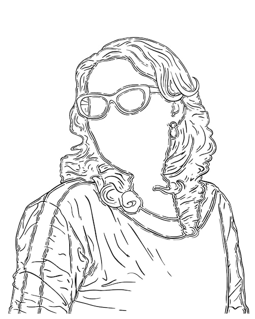 Woman in glasses with earrings and long curly hair doodle linear