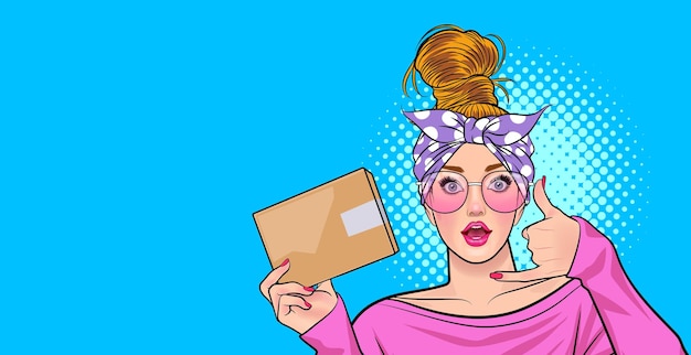 Woman in glasses work action with phone and hold parcel pop art comics style.