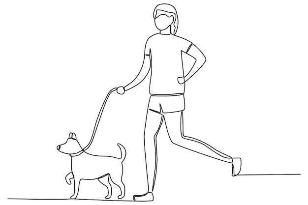 A woman goes for a jog with her dog Walking or playing with dog oneline drawing