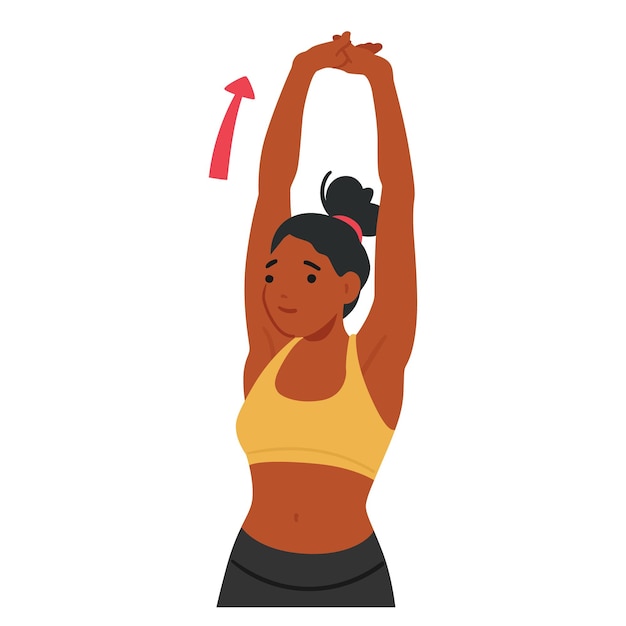 Vector woman gracefully stretches her shoulders and hands up character extending arms above her head and intertwining her fingers to ease tension and improve flexibility cartoon people vector illustration