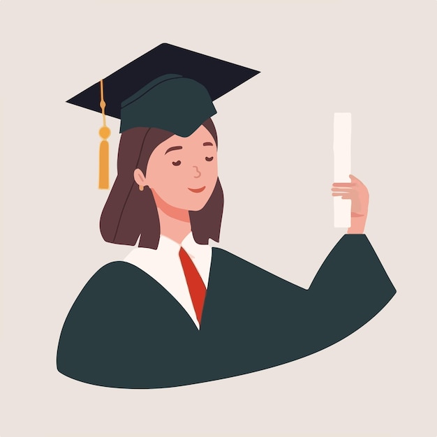 A woman in a graduation cap and gown holds a diploma.