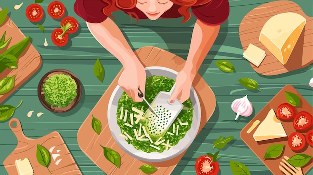 Vector woman grating cheese for tasty pesto sauce on wooden table