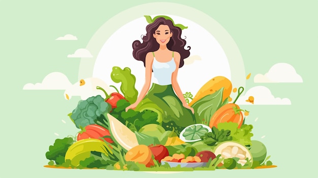 a woman in a green dress is surrounded by vegetables