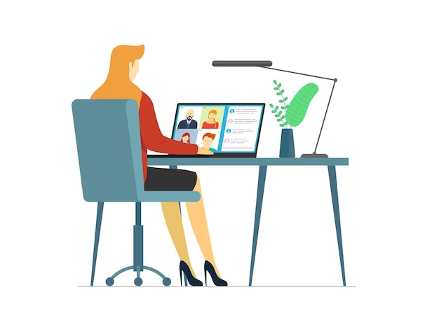 Woman and group people on laptop screen taking part web conference. Virtual work meeting and distance education webinar or videoconferencing. Video conferencing and online communication vector concept