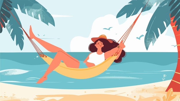 Vector a woman in a hammock is relaxing on a beach