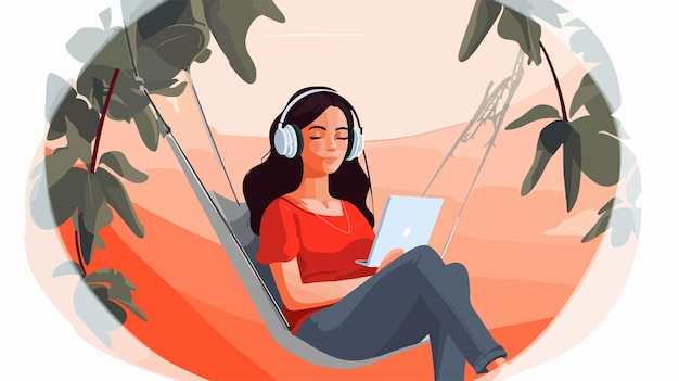 Vector a woman in a hammock with headphones on her head and a laptop in her hand