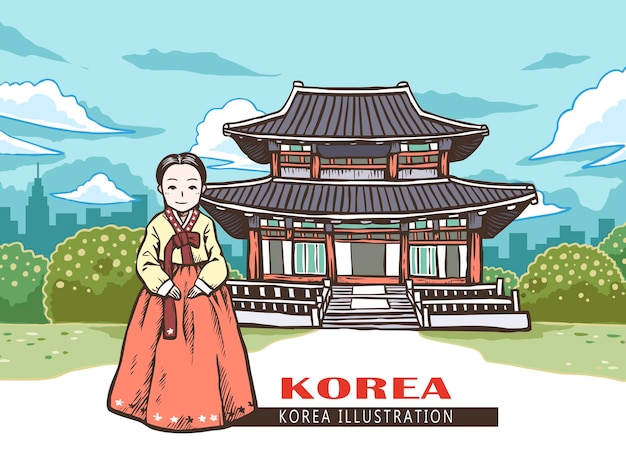 Woman in hanbok taking picture in front of Gyeongbokgung