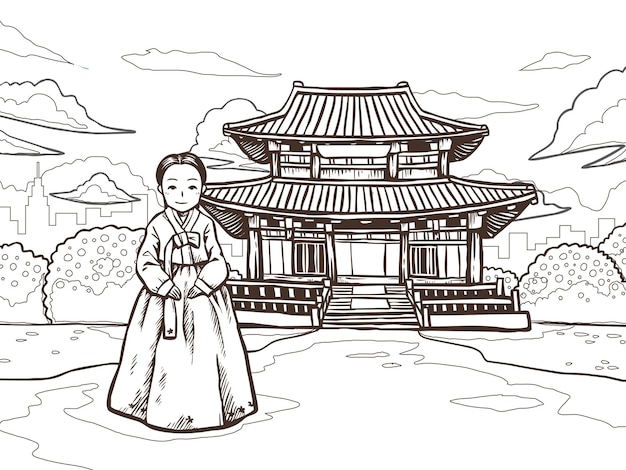 Woman in hanbok taking picture in front of Gyeongbokgung