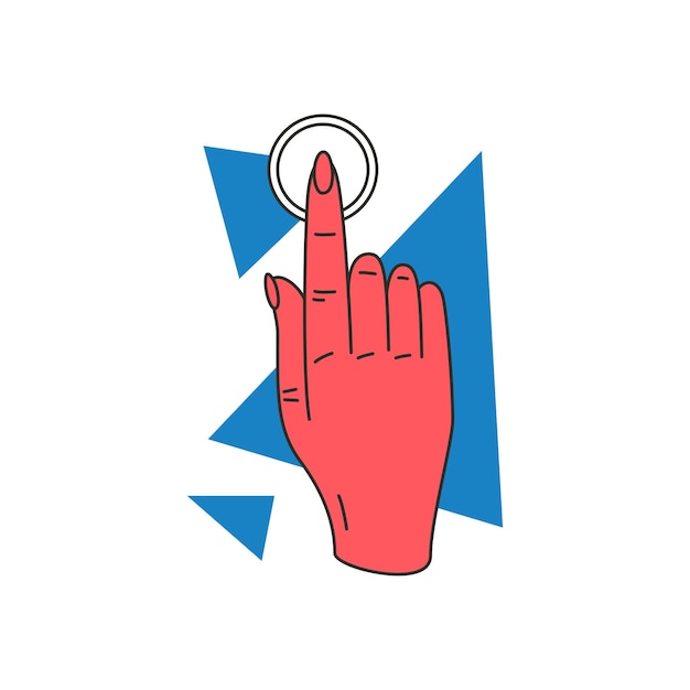 Woman hand finger push circle button pointing choice click concept interface navigate icon vector flat illustration Human arm touching link press indicator information direction select choosing menu