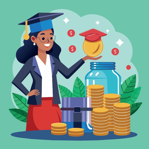 Woman hand holding stack of coins money and glass jar with full of coins and graduates hat label as