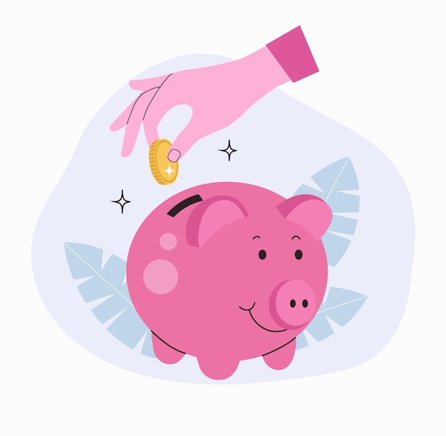 Woman hand investing a coin into a piggy bank  Vector flat style illustration