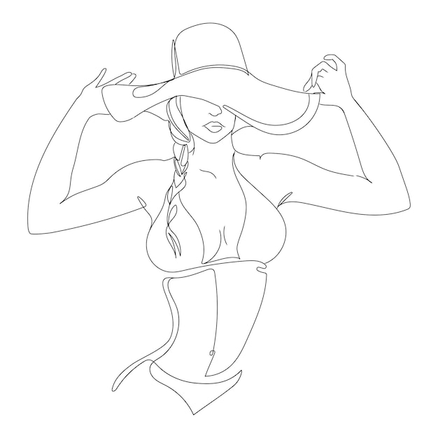 Woman in hat and bikini swimsuit vector one line art Line illustration female portrait Line art