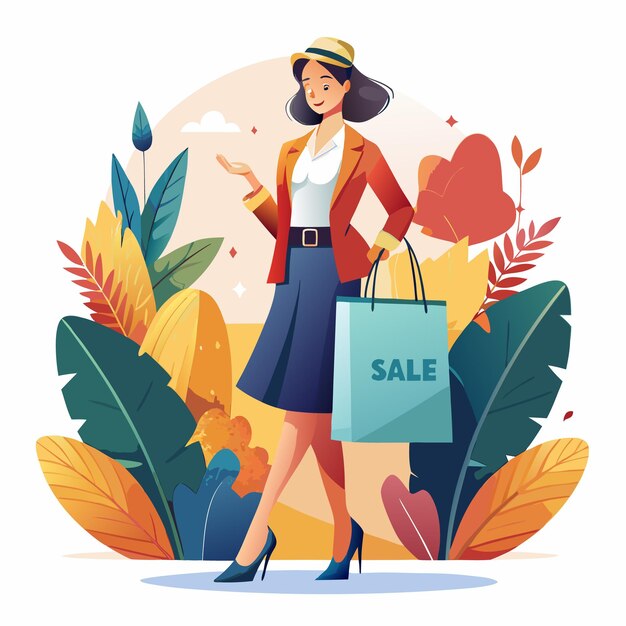 Vector a woman in a hat and heels walks past autumn leaves carrying a shopping bag that says quotsalequot