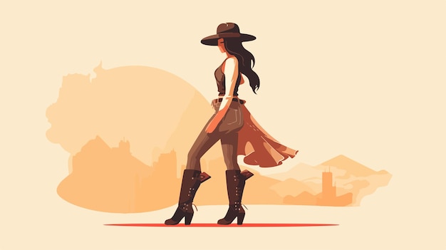 Vector a woman in a hat is walking in a desert