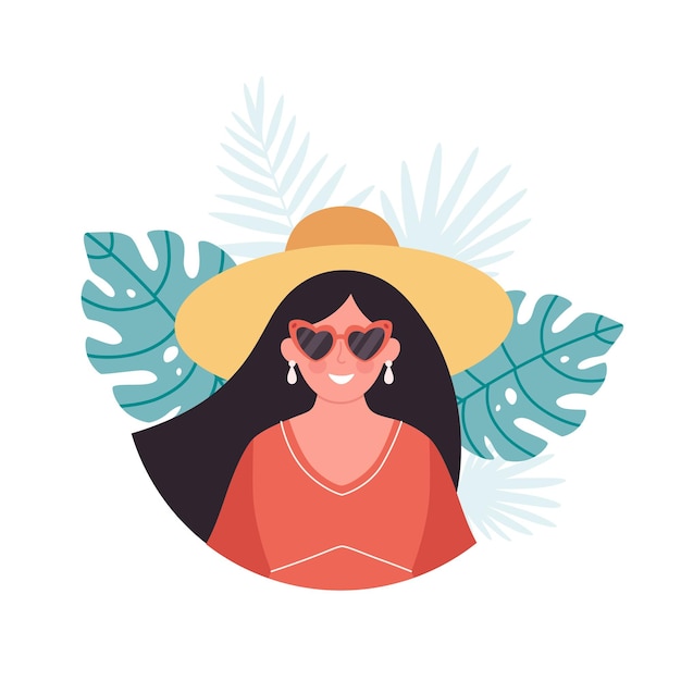 Woman in hat and retro glasses on tropical leaves background Hello summer greeting card Summertime