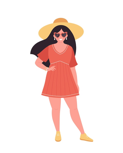 Woman in hat and retro sunglasses in summer outfit. Hello summer, summertime, vacation